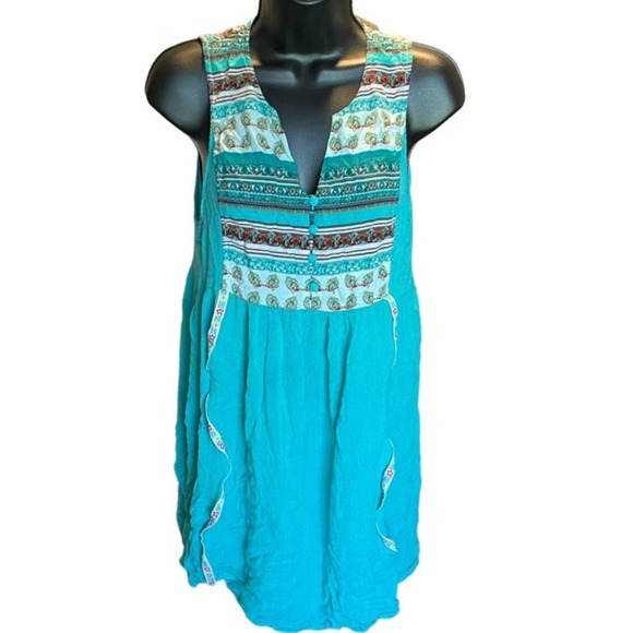Rock & Roll Cowgirl Teal Rayon Western Boho Mini Dress Size M - Picture 1 of 9